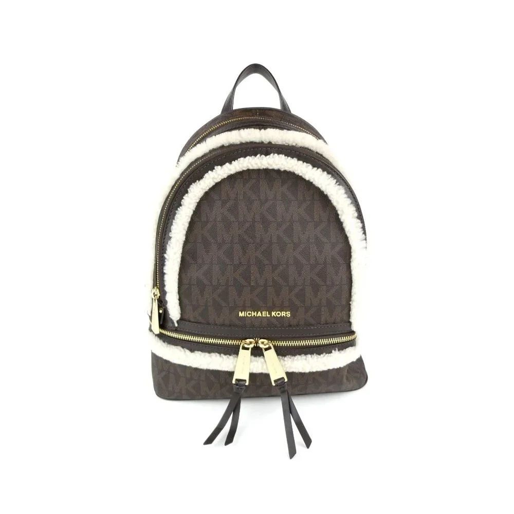 Michael Kors Brown Monogrammed Leather Shearling Trim Mini Backpack